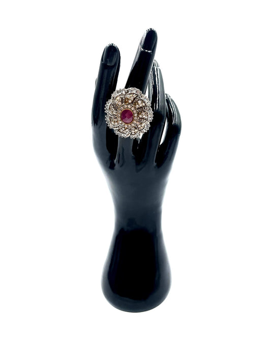 Vintage Ruby Floral Crystal Statement Ring Adjustable