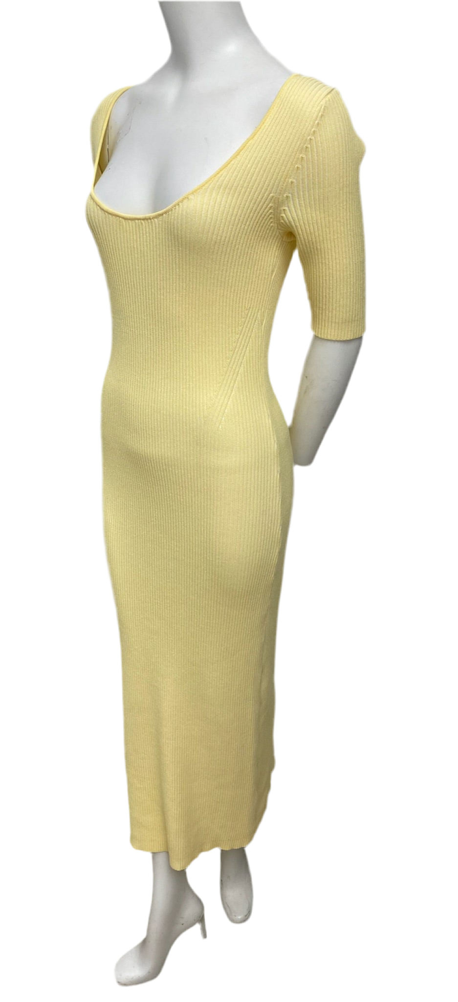 Ganni yellow ribbed short-sleeve maxi dress, size M, with a scoop neck and stretchy fabric.