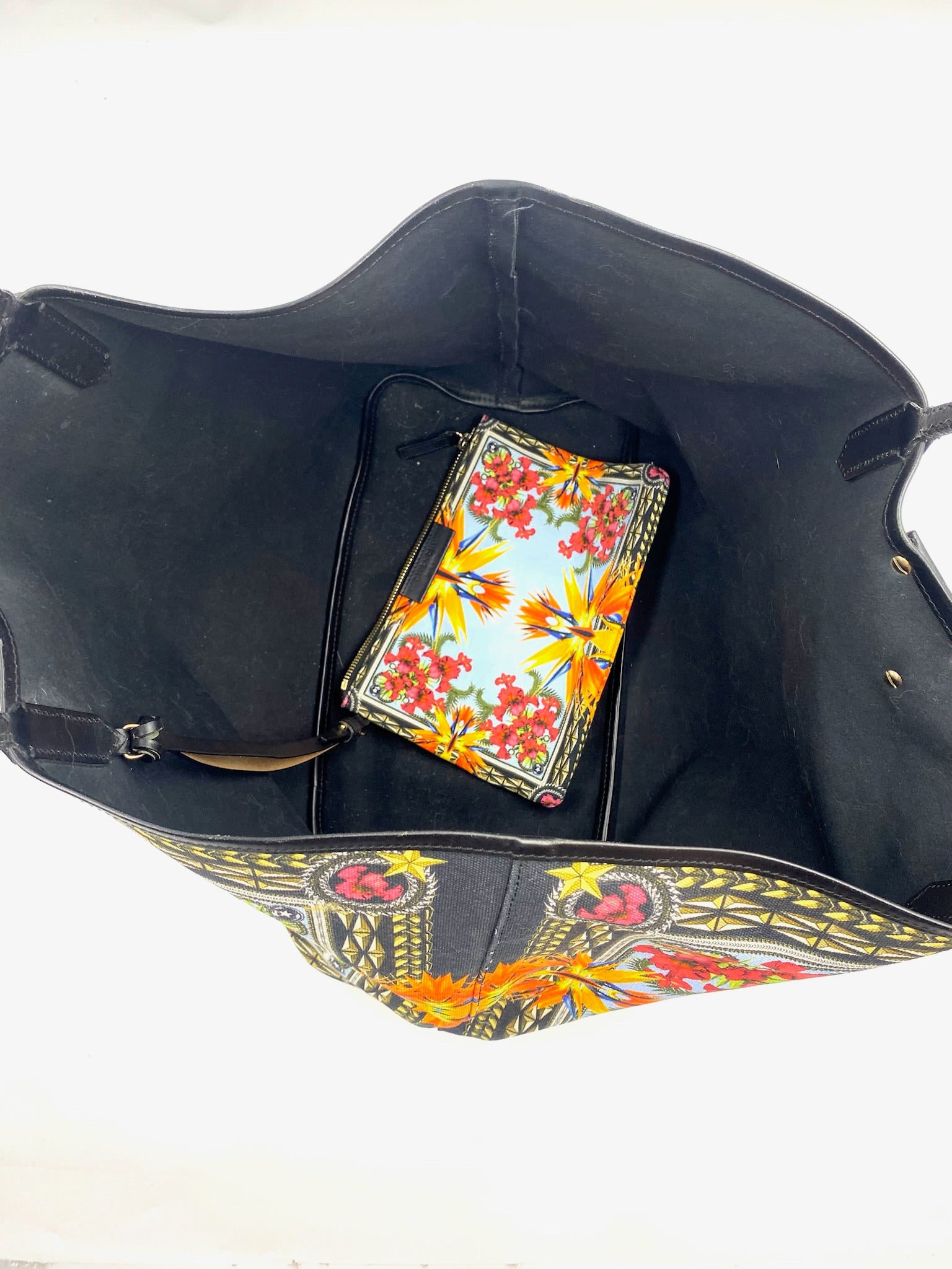 Givenchy Antigona Multicolor Printed Tote with black interior and matching floral pochette.