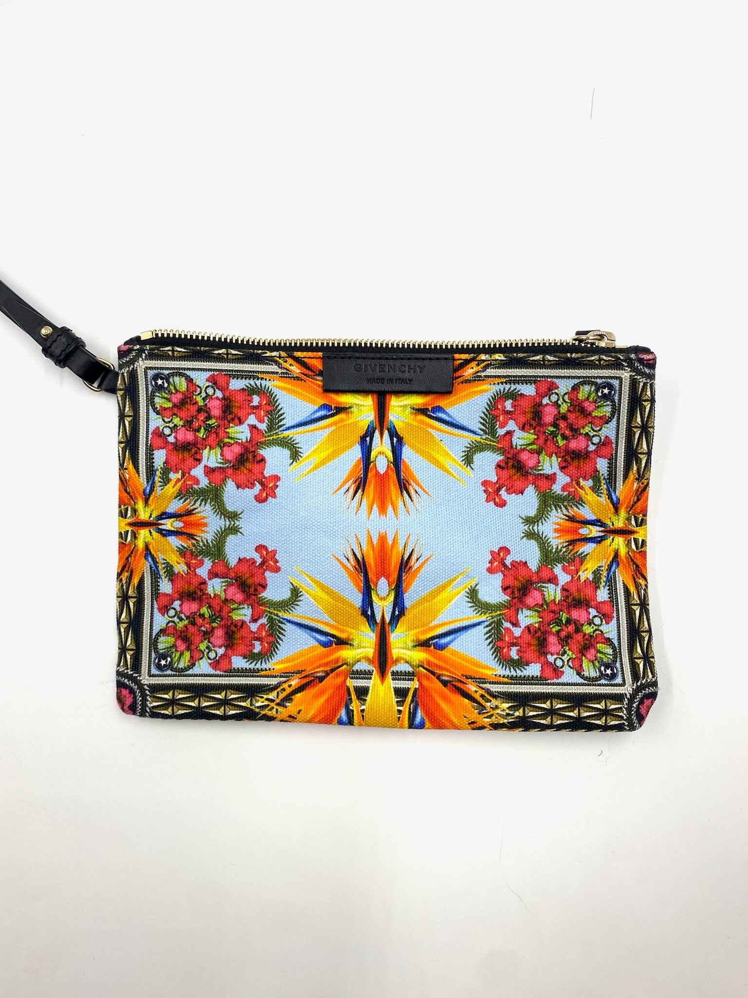Givenchy Antigona Multicolor Printed Pochette with vibrant floral design and black leather trim.