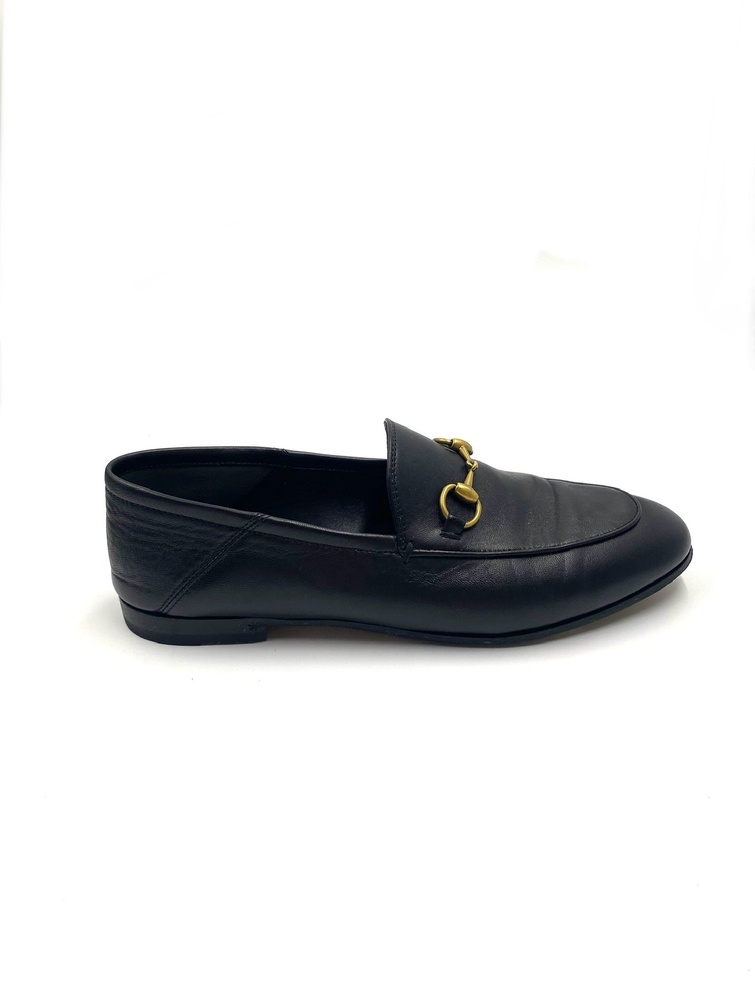 Gucci Black Jordaan Loafers, size 37, with classic gold Horsebit detail on smooth leather.