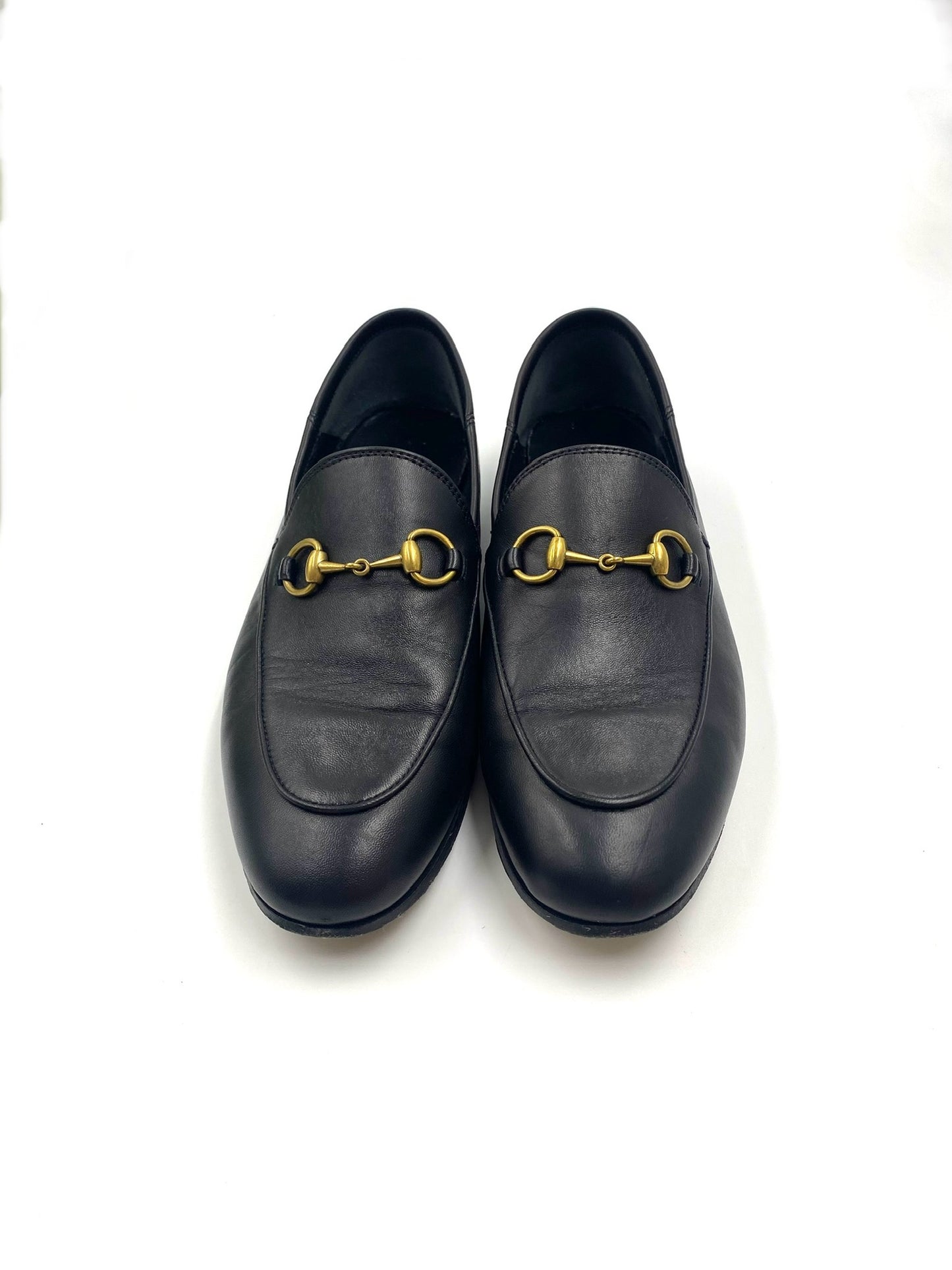 Gucci Black Jordaan Loafers, size 37, with classic gold Horsebit detail on black leather.