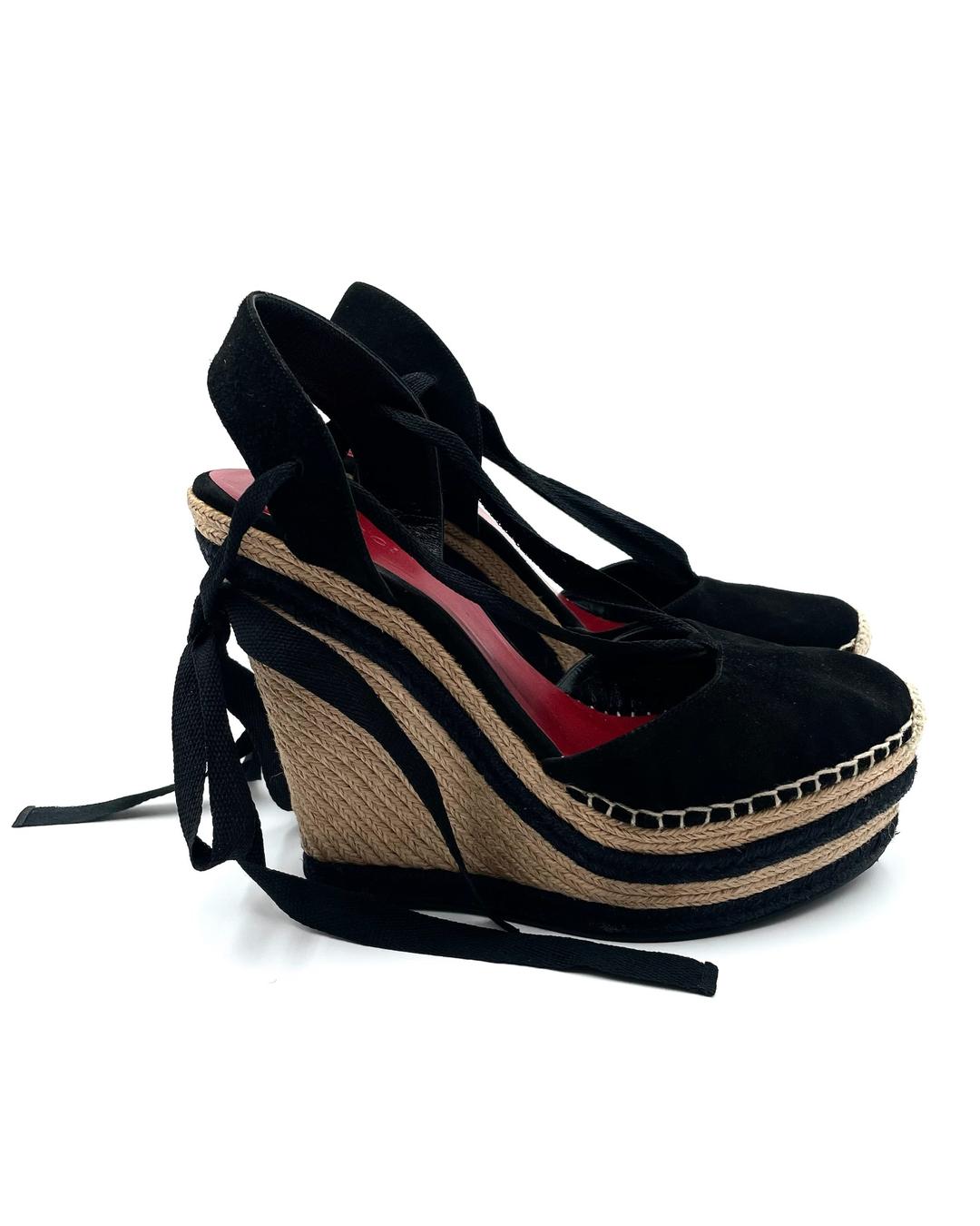 Gucci black suede Alexis platform wedge sandals with ankle wrap ties and jute-wrapped soles, size 39.5.