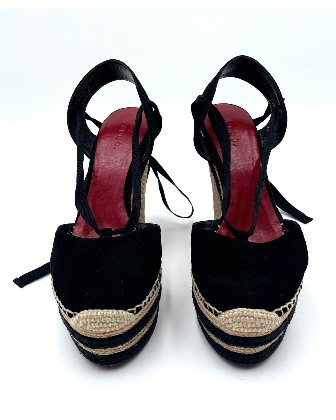 Gucci black suede Alexis platform wedge sandals with ankle wrap ties and red insoles, size 39.5.