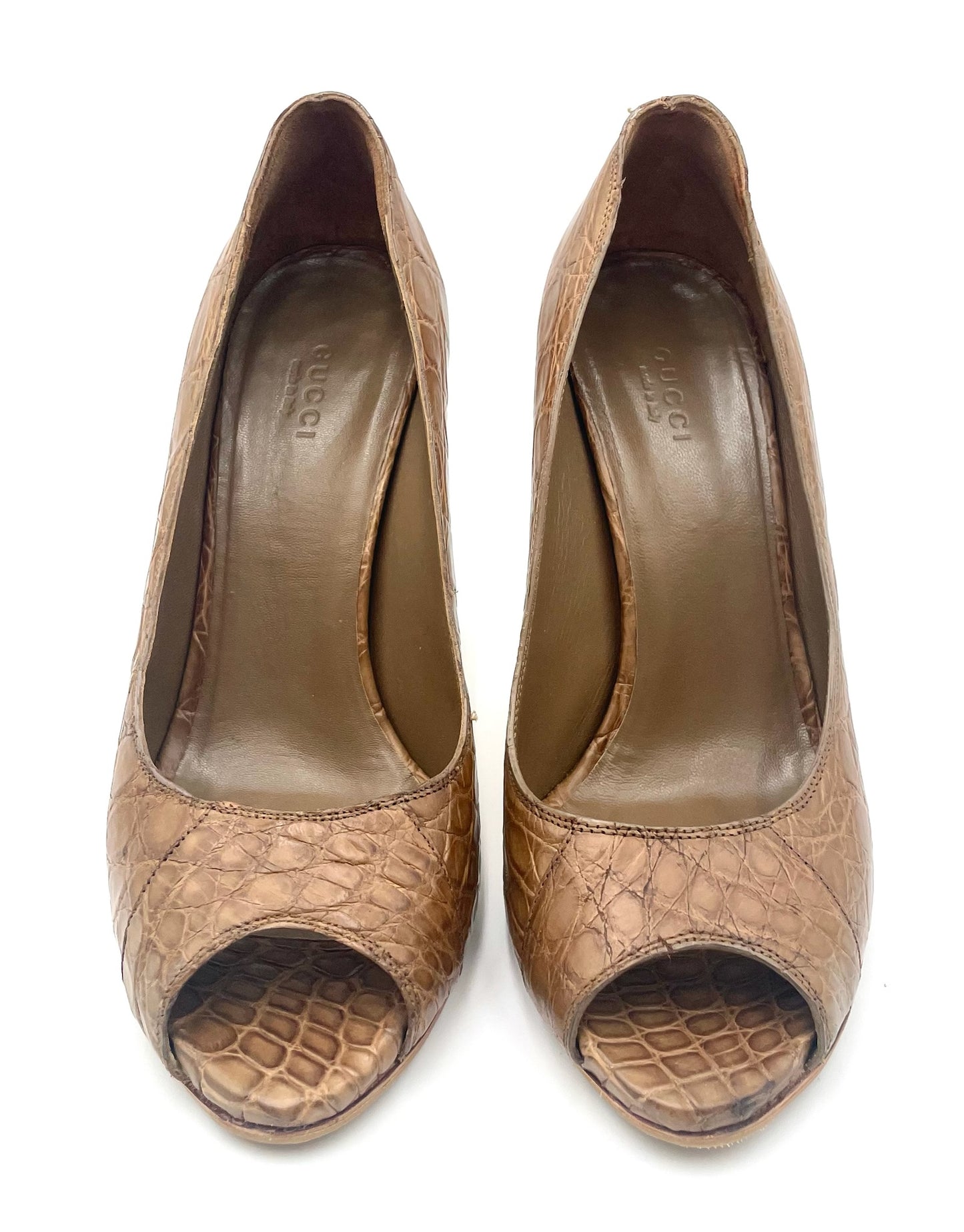 Gucci Brown Croc Embossed Open Toe Pump Size 38