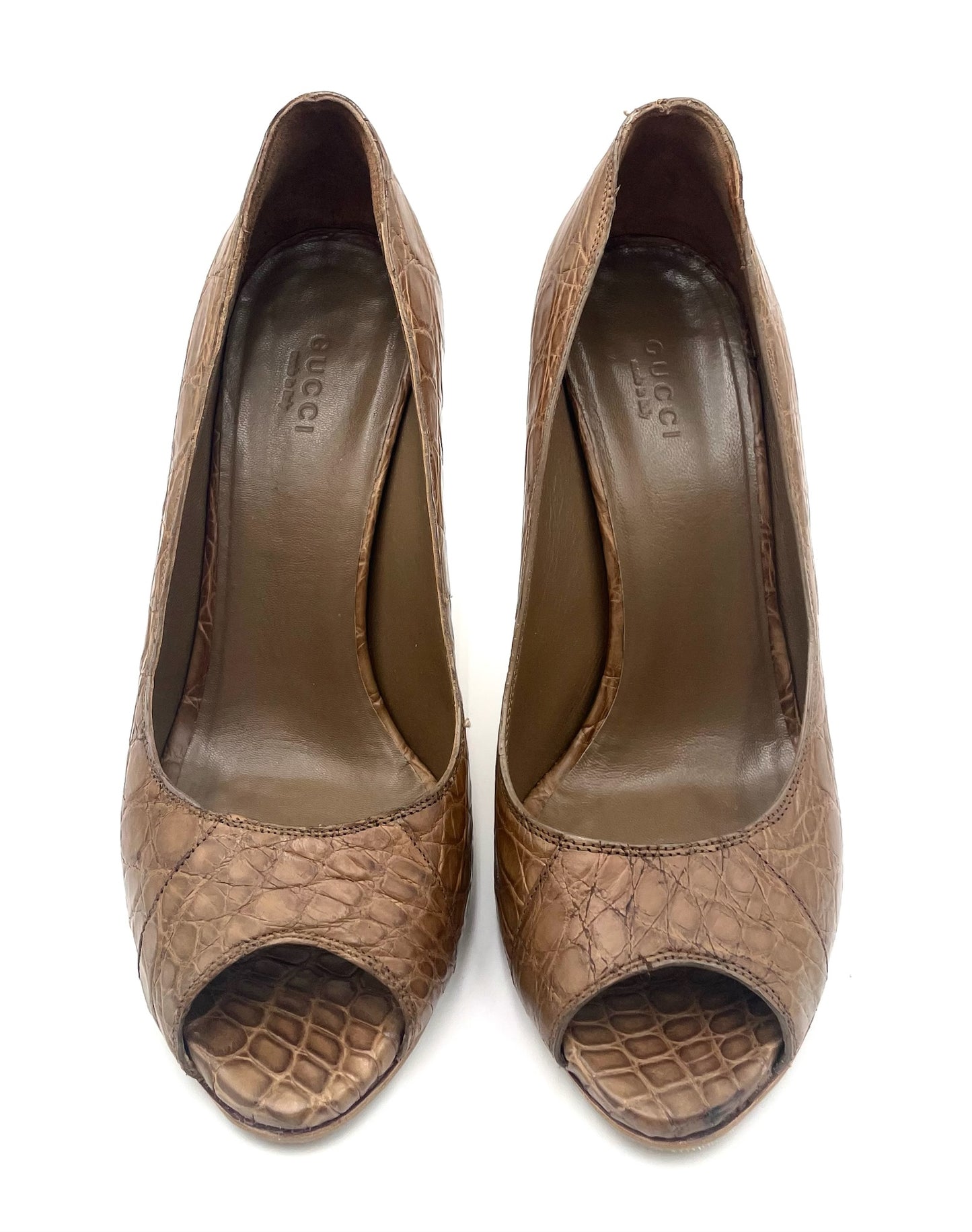 Gucci Brown Croc Embossed Open Toe Pump Size 38