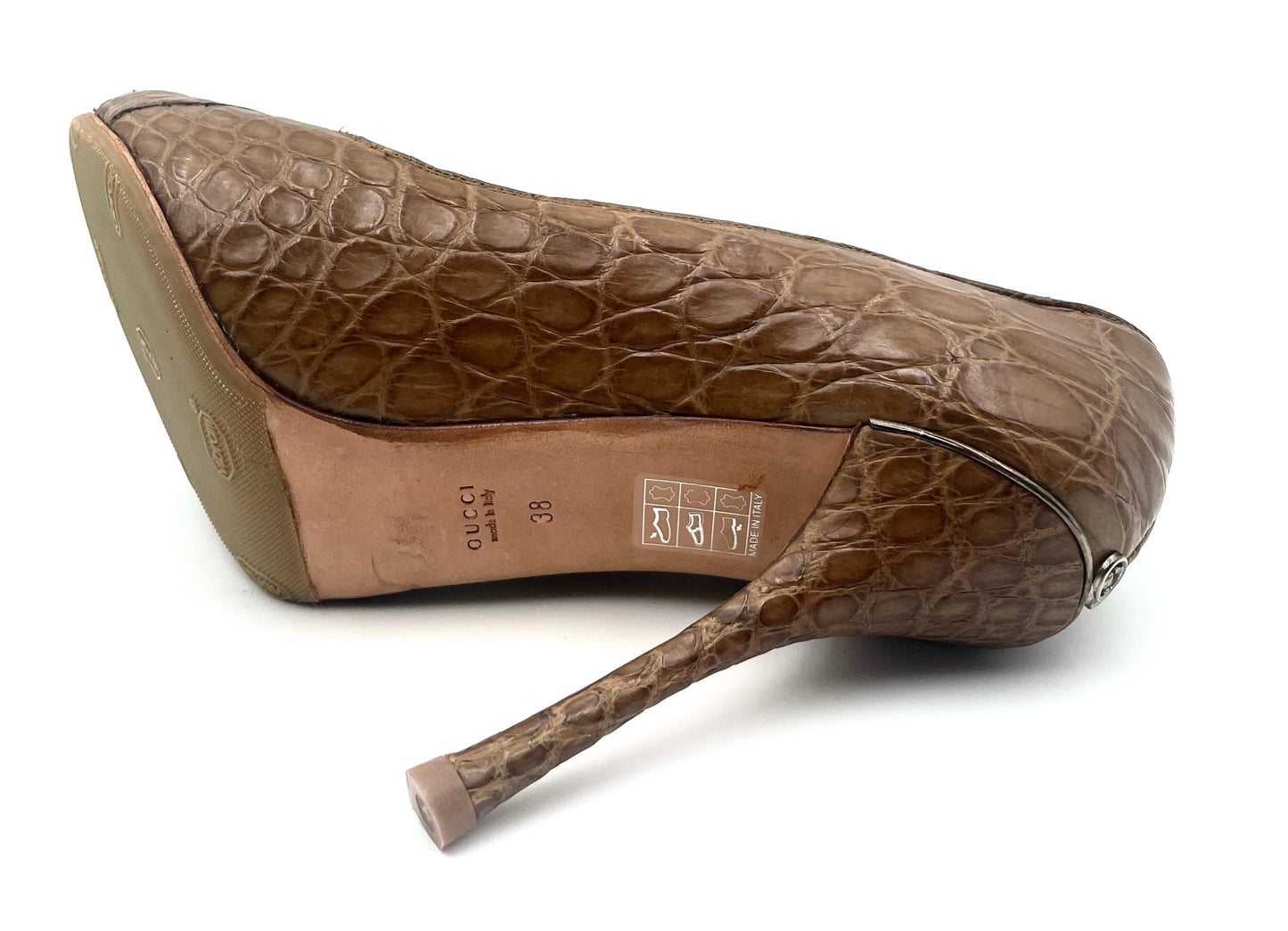 Gucci Brown Croc Embossed Open Toe Pump Size 38