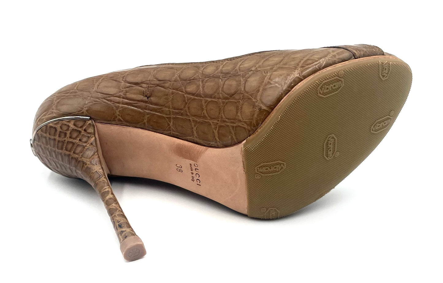 Gucci Brown Croc Embossed Open Toe Pump Size 38