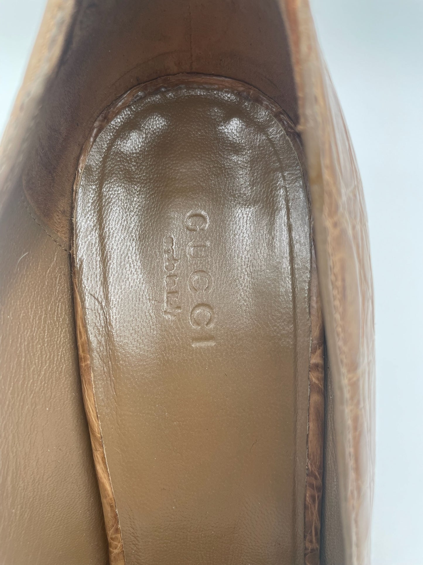Gucci Brown Croc Embossed Open Toe Pump Size 38