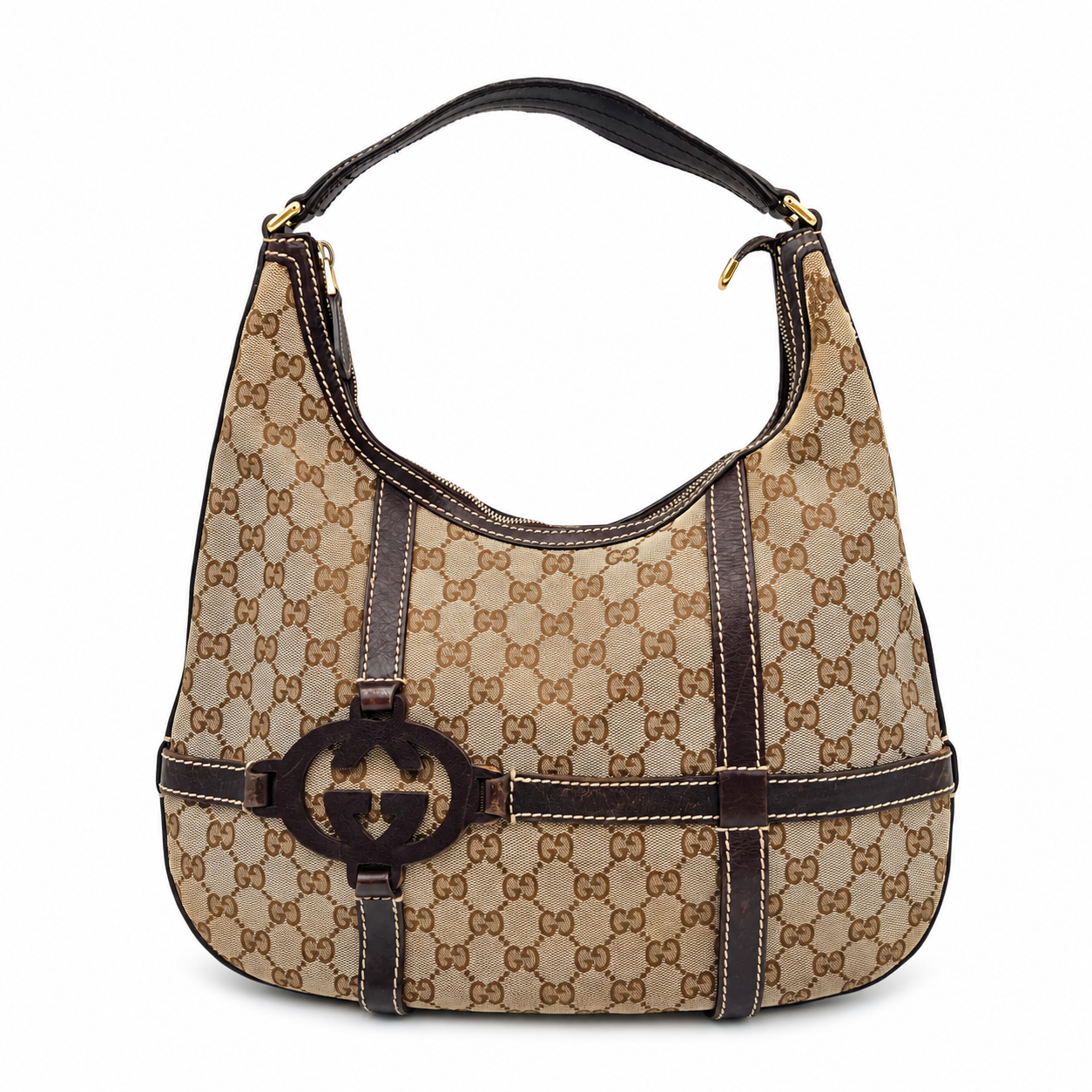Gucci beige and brown GG canvas hobo bag with dark leather trim and front interlocking G logo detail.