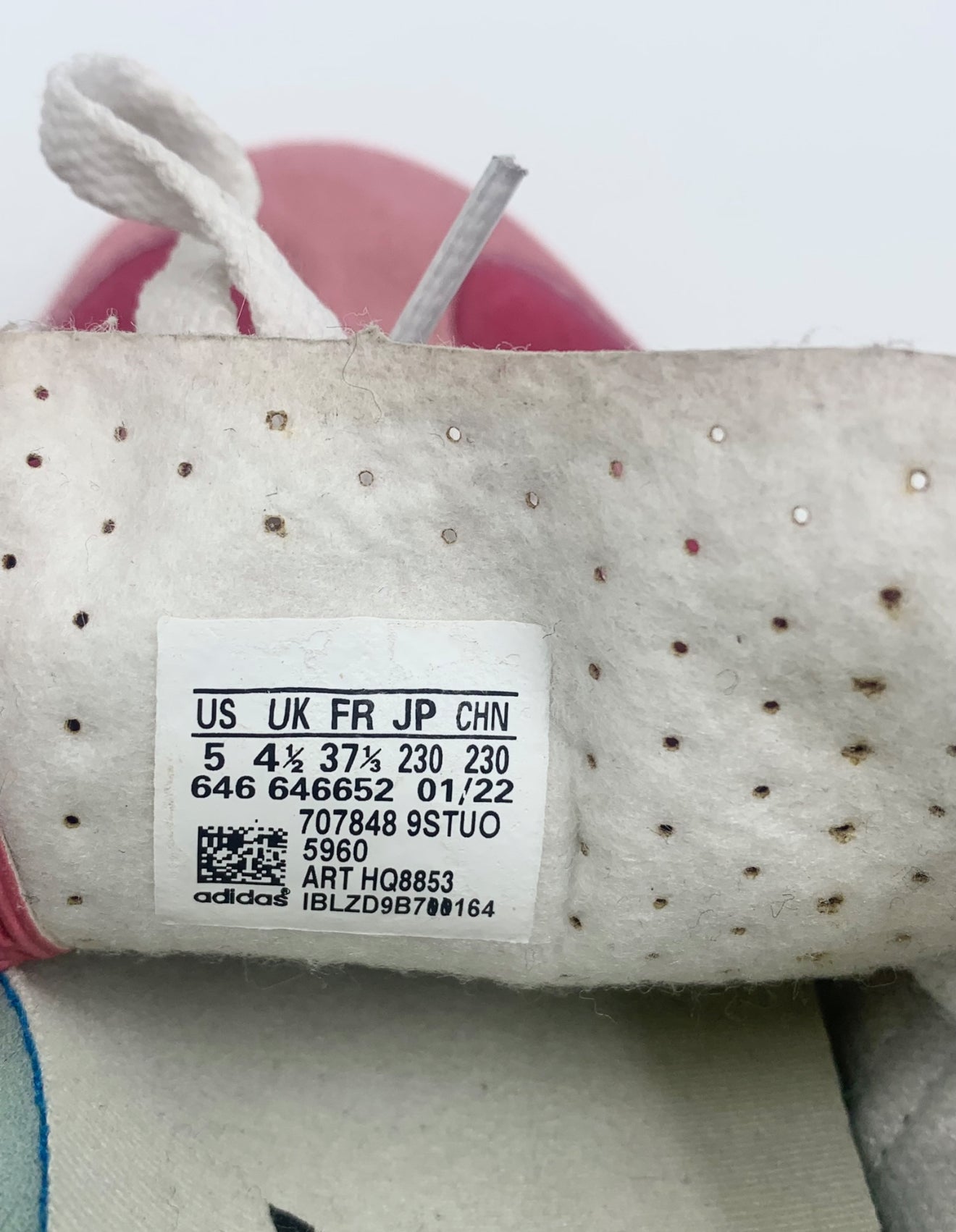 Gucci X Adidas Pink & Green Gazelle sneakers, close-up of size tag showing US 5, UK 4.5, FR 37.5.