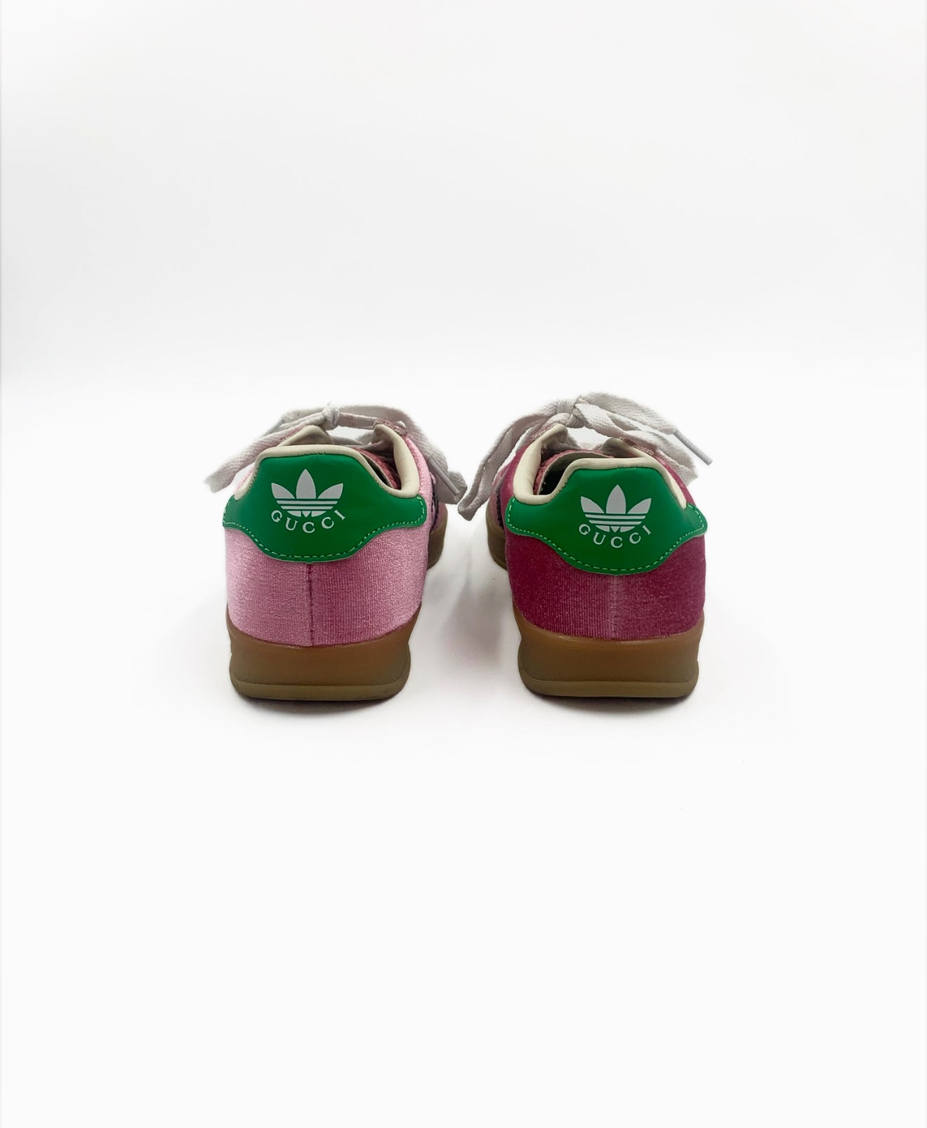 Gucci X Adidas Pink & Green Gazelle sneakers, women's size 6, men's size 5, with white laces and brown soles.