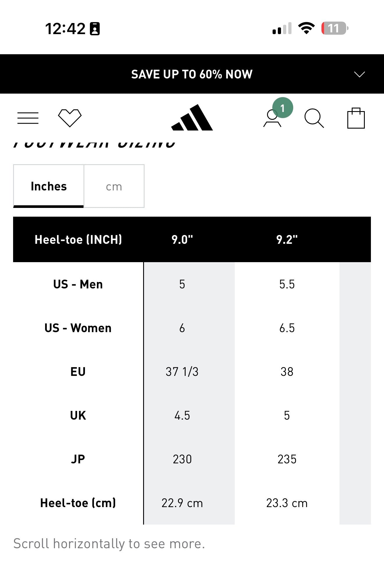 Adidas size chart showing US Men's 5, US Women's 6, EU 37 1/3, UK 4.5, JP 230, and 22.9 cm heel-toe.