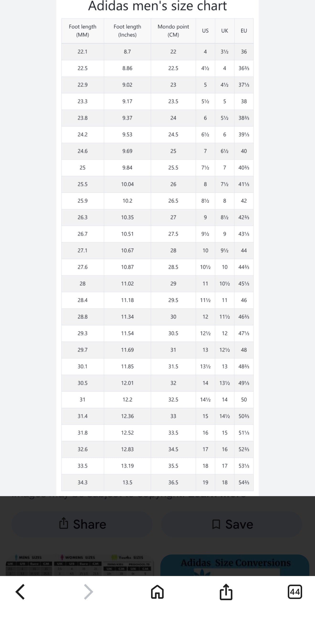 Adidas men's size chart displaying foot length, Mondo point, US, UK, and EU shoe sizes.