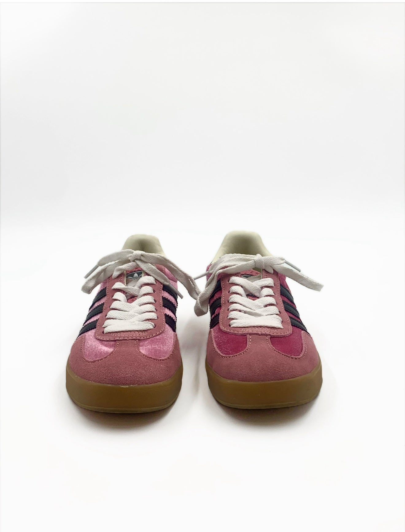 Gucci X Adidas Pink & Green Gazelle sneakers, women's size 6, men's size 5, with dark stripes and gum soles.