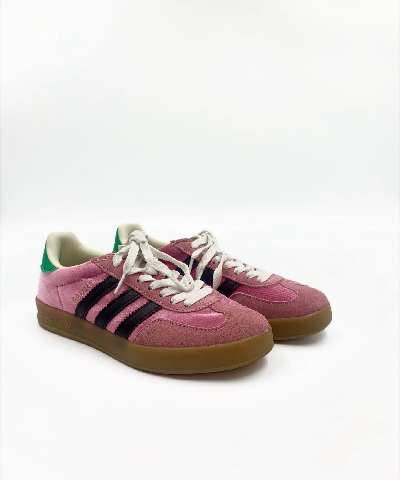 Gucci X Adidas Pink & Green Gazelle sneakers, size 6 women's, with black stripes and gum sole.