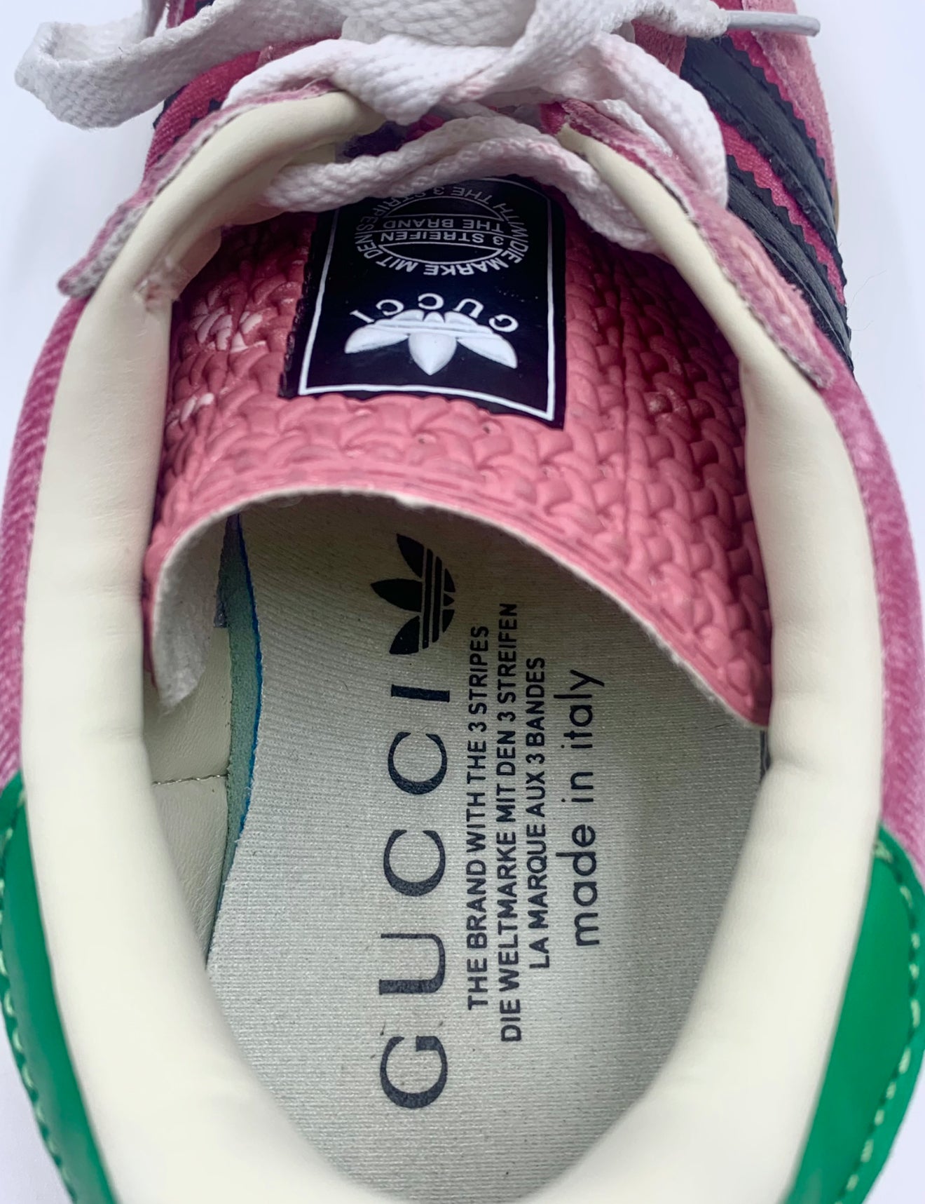 Gucci X Adidas Pink & Green Gazelle Sneakers, size 6 women's, with white laces and collaboration branding.