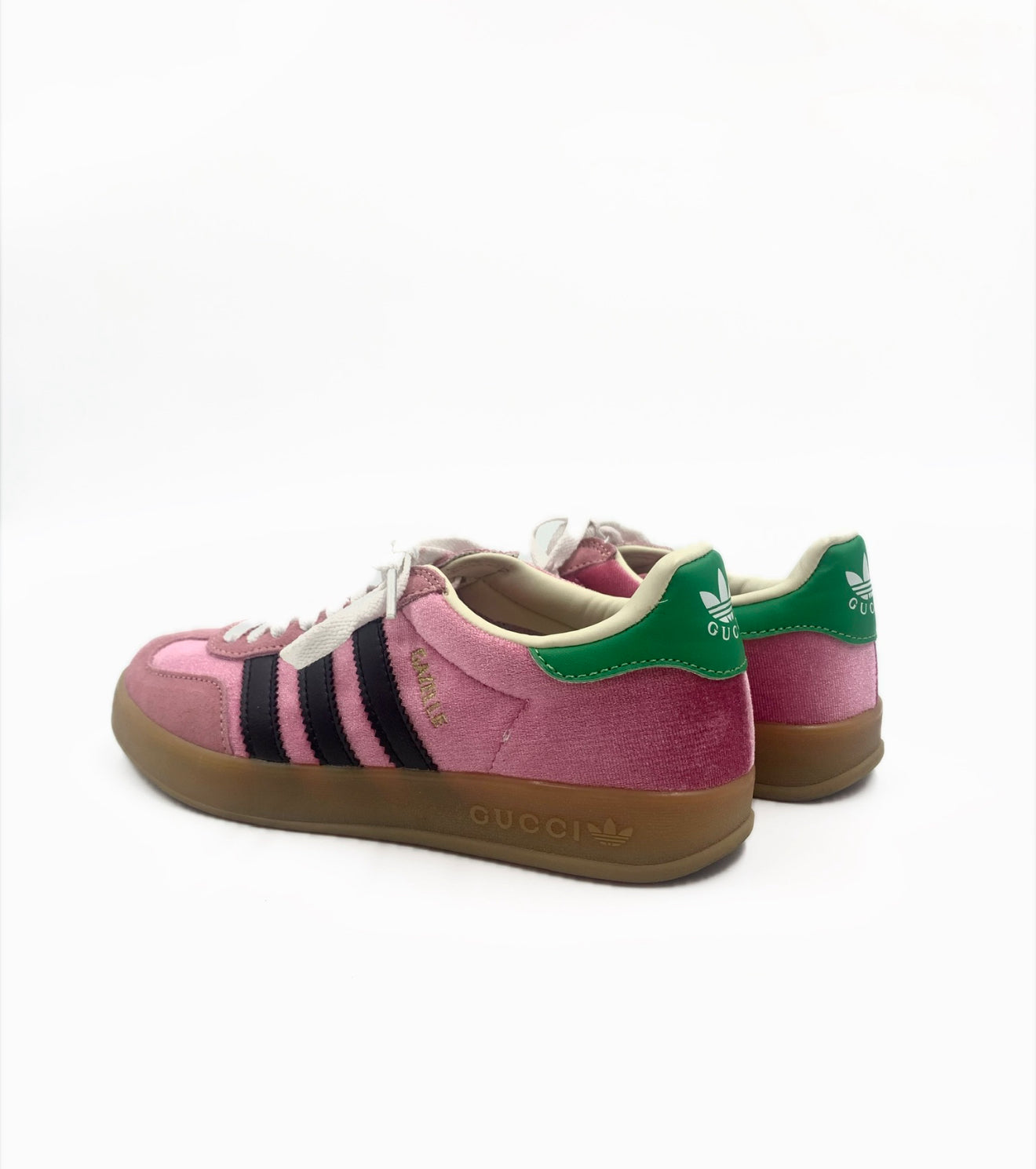 Gucci X Adidas Pink & Green Gazelle Sneakers, size 6 women's, with black stripes and a gum sole.