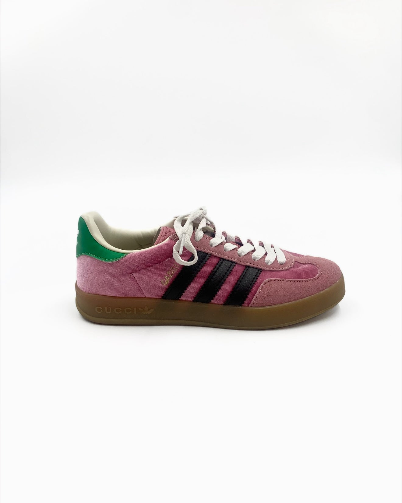 Gucci X Adidas Pink & Green Gazelle sneakers, women's size 6, men's size 5, with black stripes and gum sole.