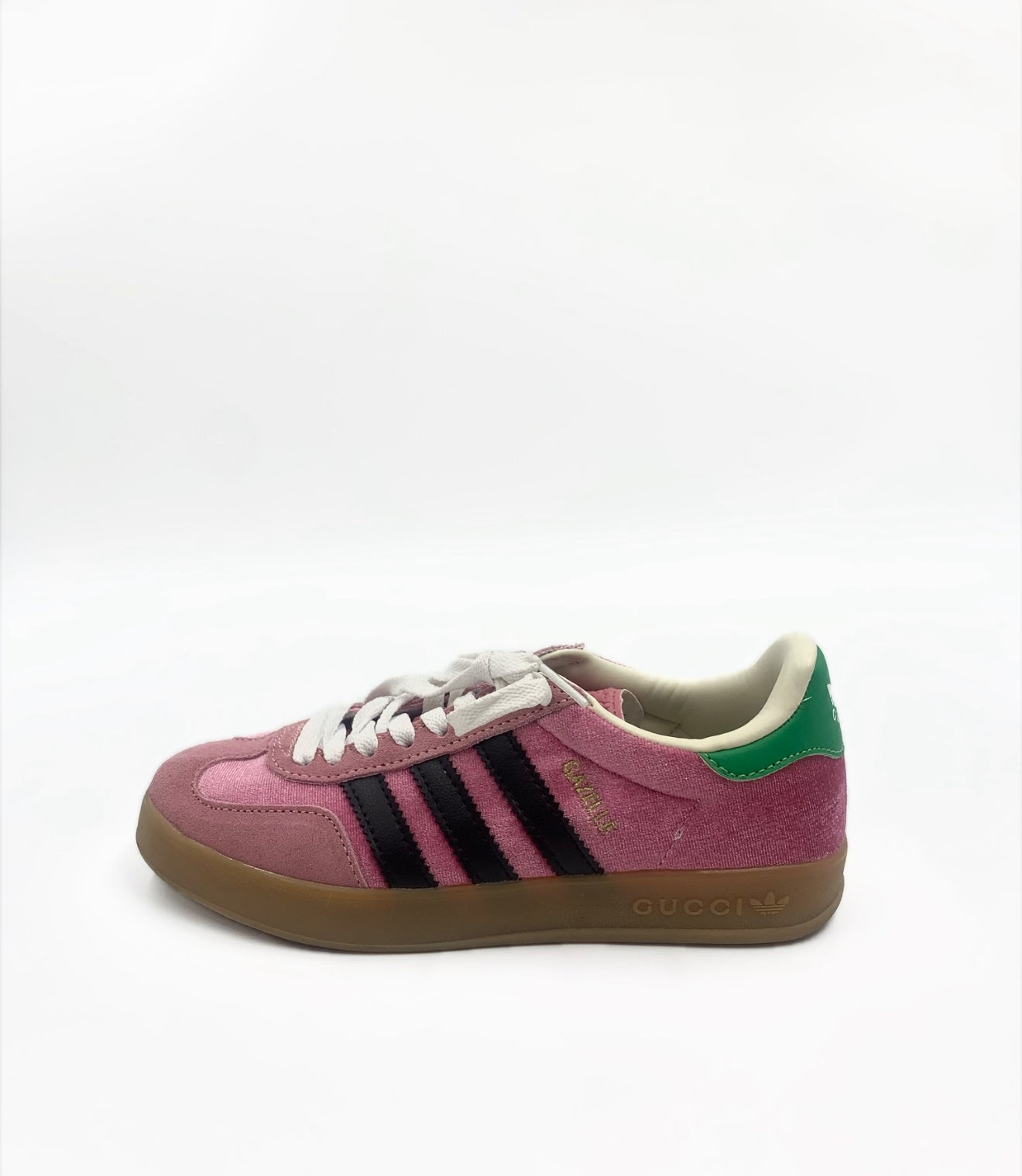 Gucci X Adidas Pink & Green Gazelle sneakers, size 6 women's, with black stripes and brown sole.