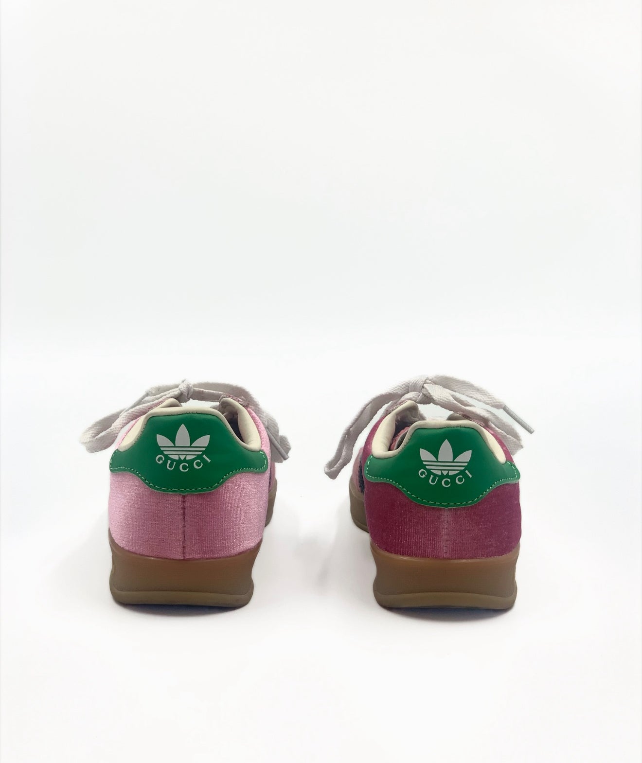 Gucci X Adidas Pink & Green Gazelle sneakers, size 6 women's, with white laces and gum soles.