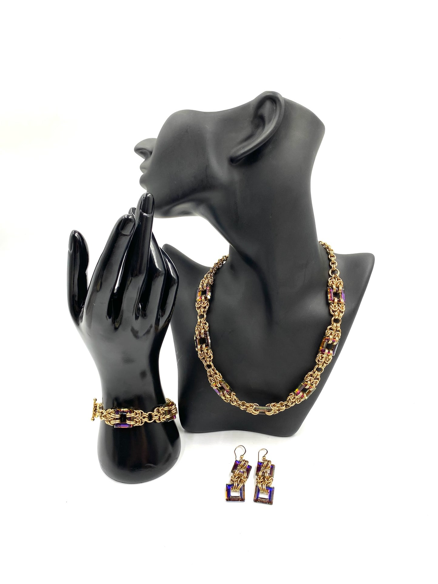 Heliotrope Byzantine gold-filled necklace, bracelet, and earring set with square purple stones.