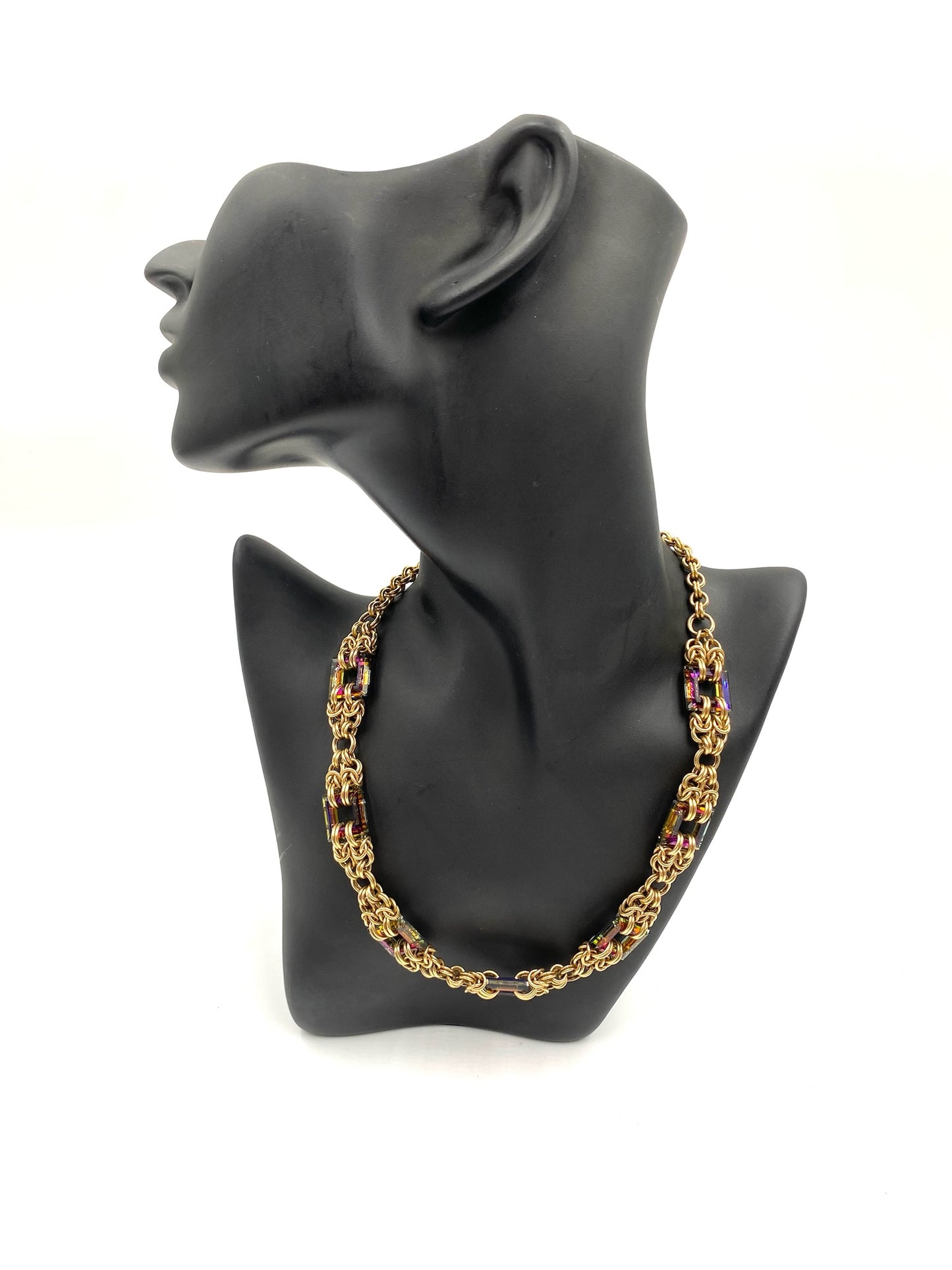 Gold filled Byzantine chain necklace with square heliotrope stones on a black mannequin.
