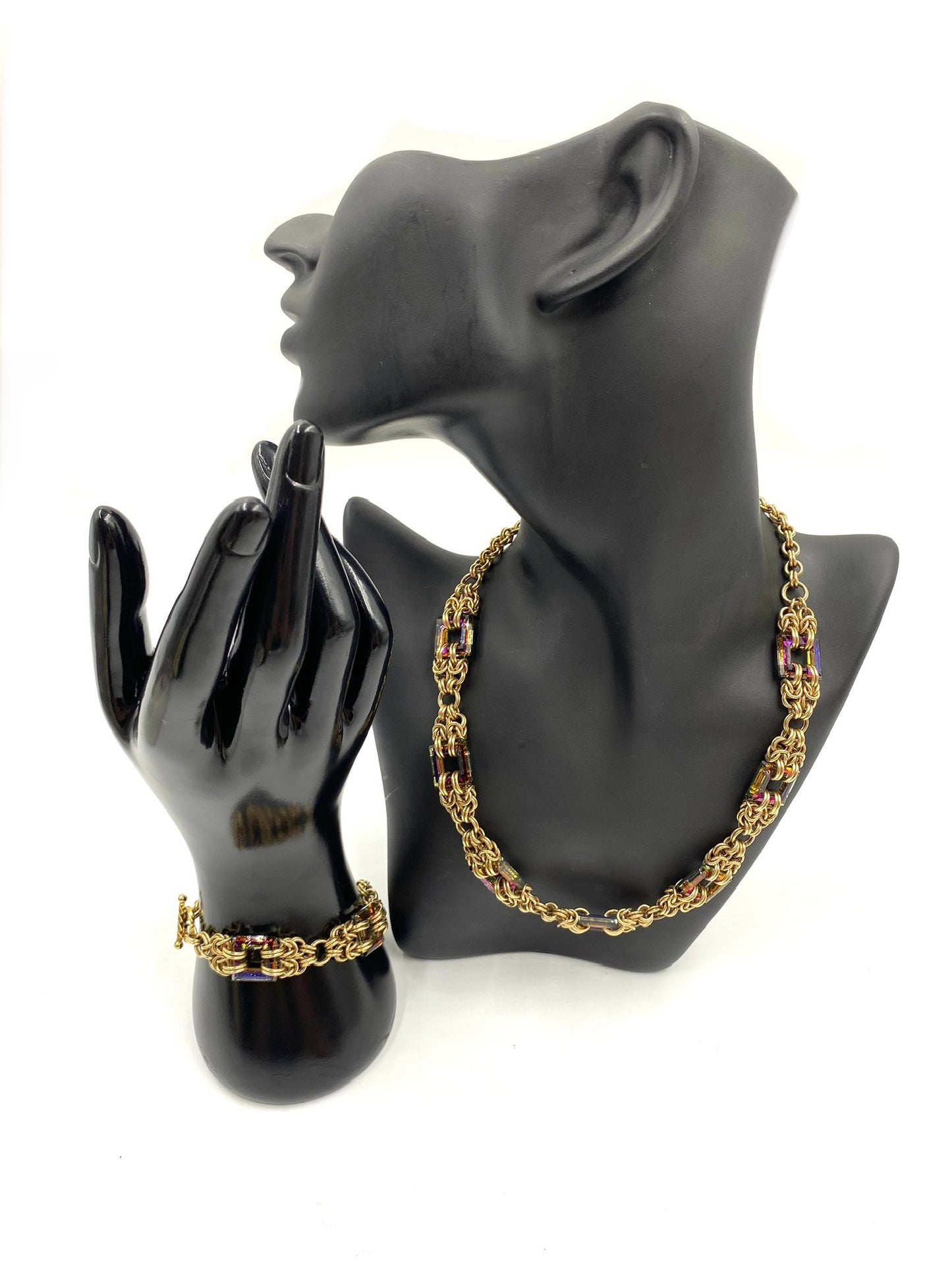 Gold-filled Byzantine necklace and bracelet set with square heliotrope stones on a black mannequin.