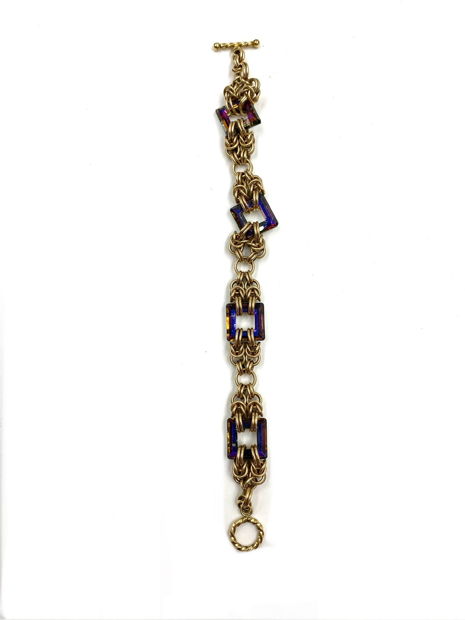 Heliotrope Byzantine gold filled bracelet with square purple stones on a Byzantine chain.