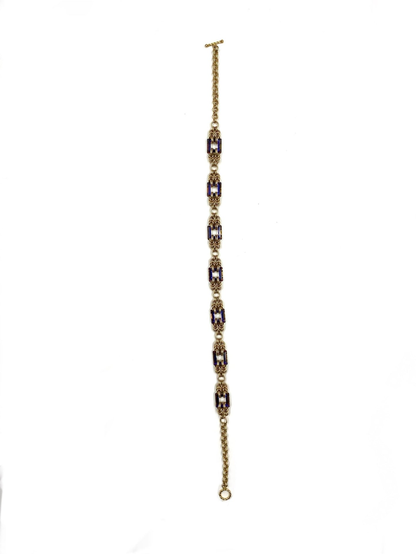 Heliotrope Byzantine gold filled bracelet with purple square stones and ornate links.