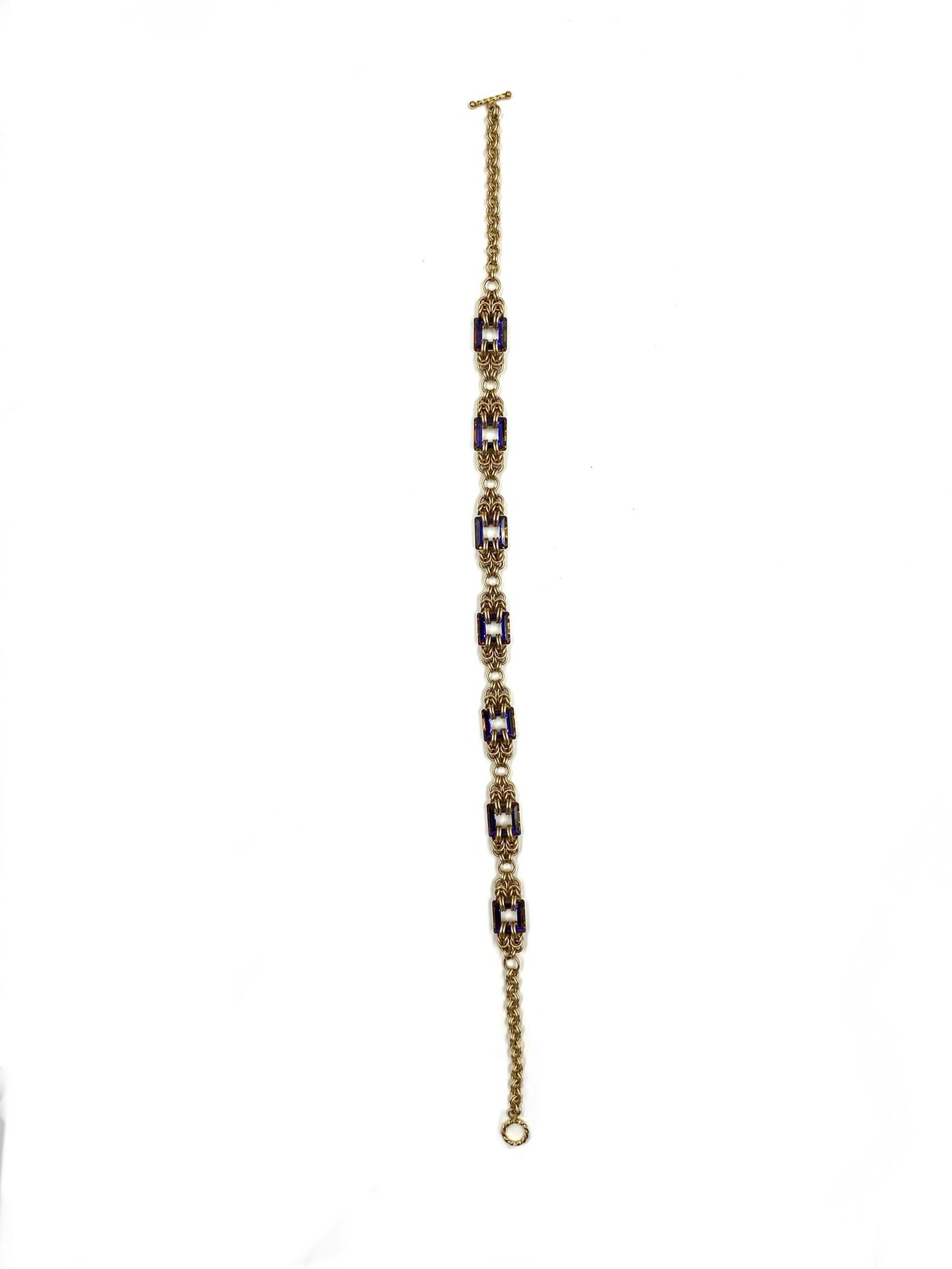 Heliotrope Byzantine gold filled bracelet with purple square stones and ornate links.