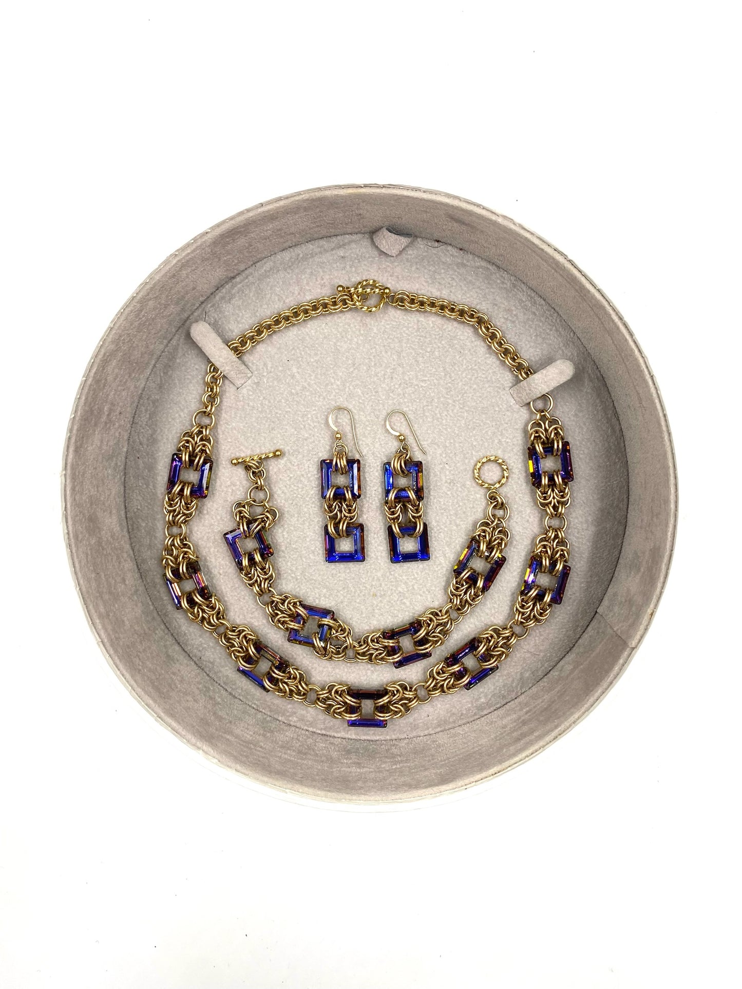 Heliotrope Byzantine gold filled necklace, bracelet, and earring set with square purple stones.
