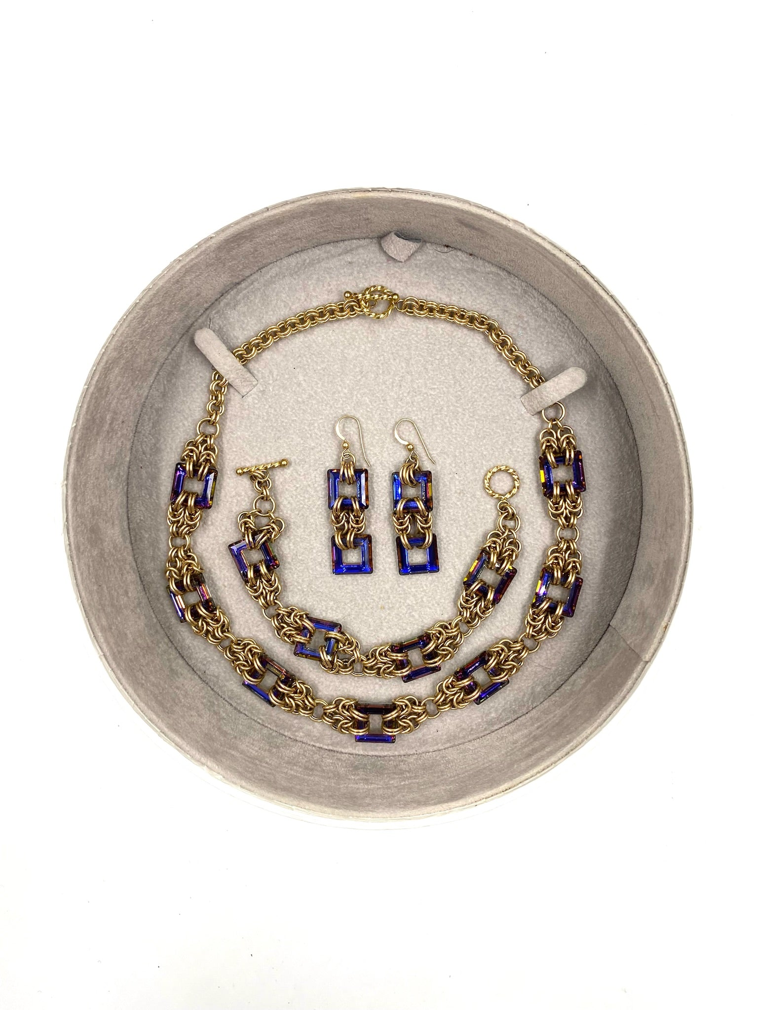 Heliotrope Byzantine gold filled necklace, bracelet, and earring set with square purple stones.