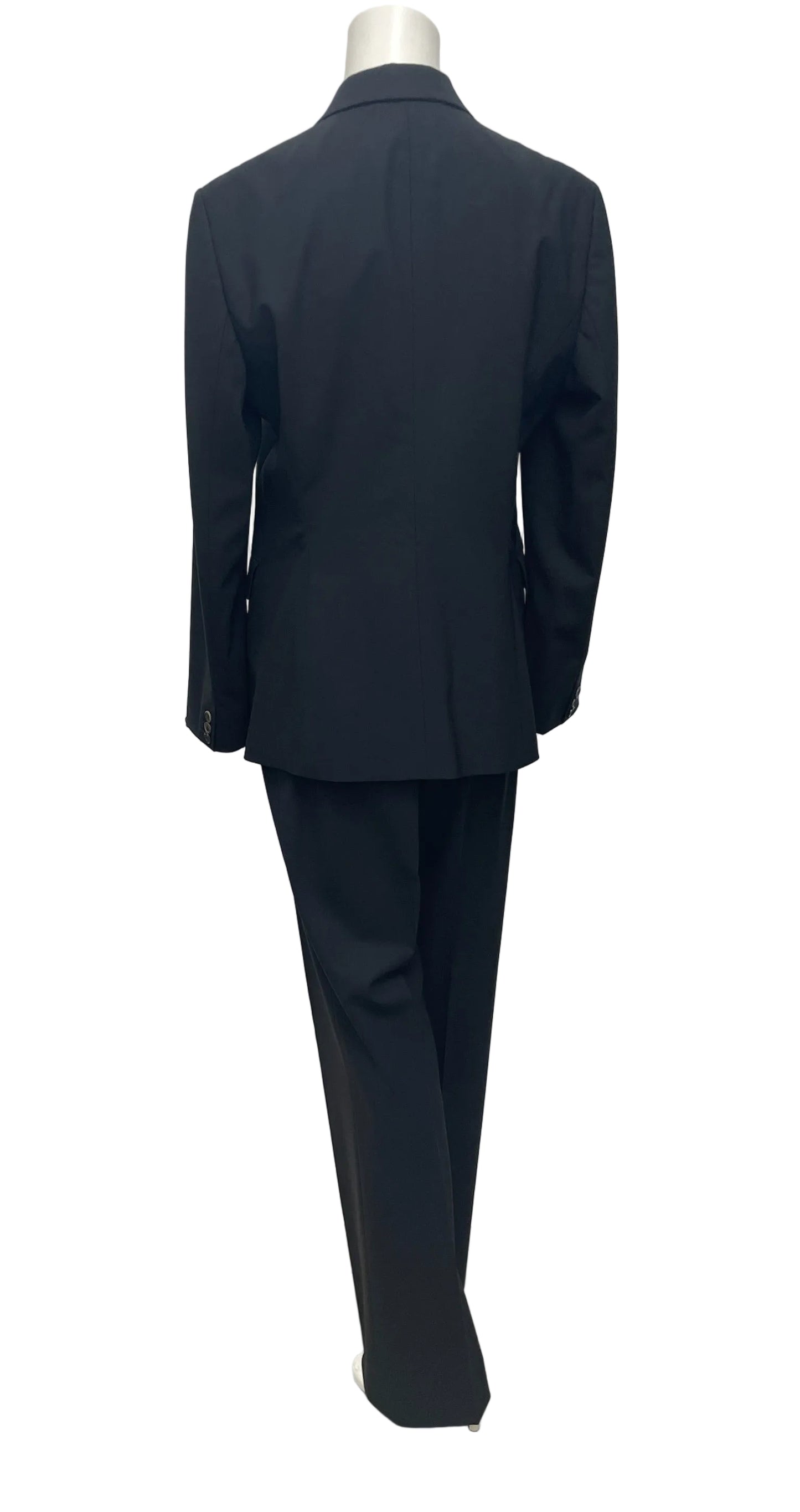 Hugo Boss black virgin wool blend trouser and blazer suit set, size 12, back view.