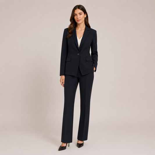 Hugo Boss black virgin wool blend suit set, size 12, with tailored single-button blazer and straight-leg trousers.
