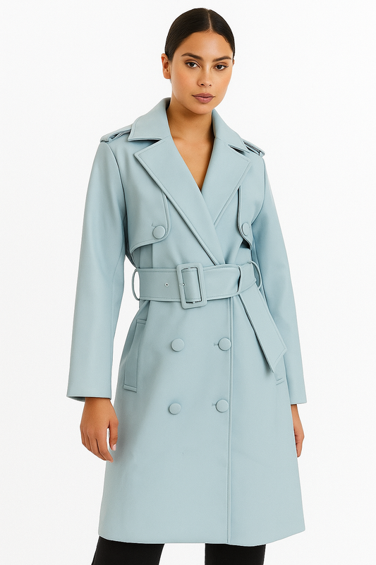 Hilary McMillan Light Blue Belted Faux Leather Trench Coat Size S