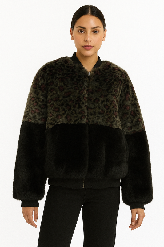 Golden Animal Print Faux Fur Bomber Jacket Size L