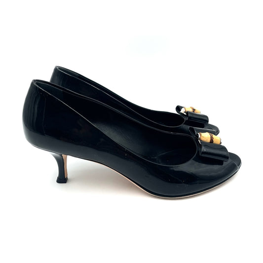 Gucci Black Patent Open Toe Kitten Heel Pump Size 38