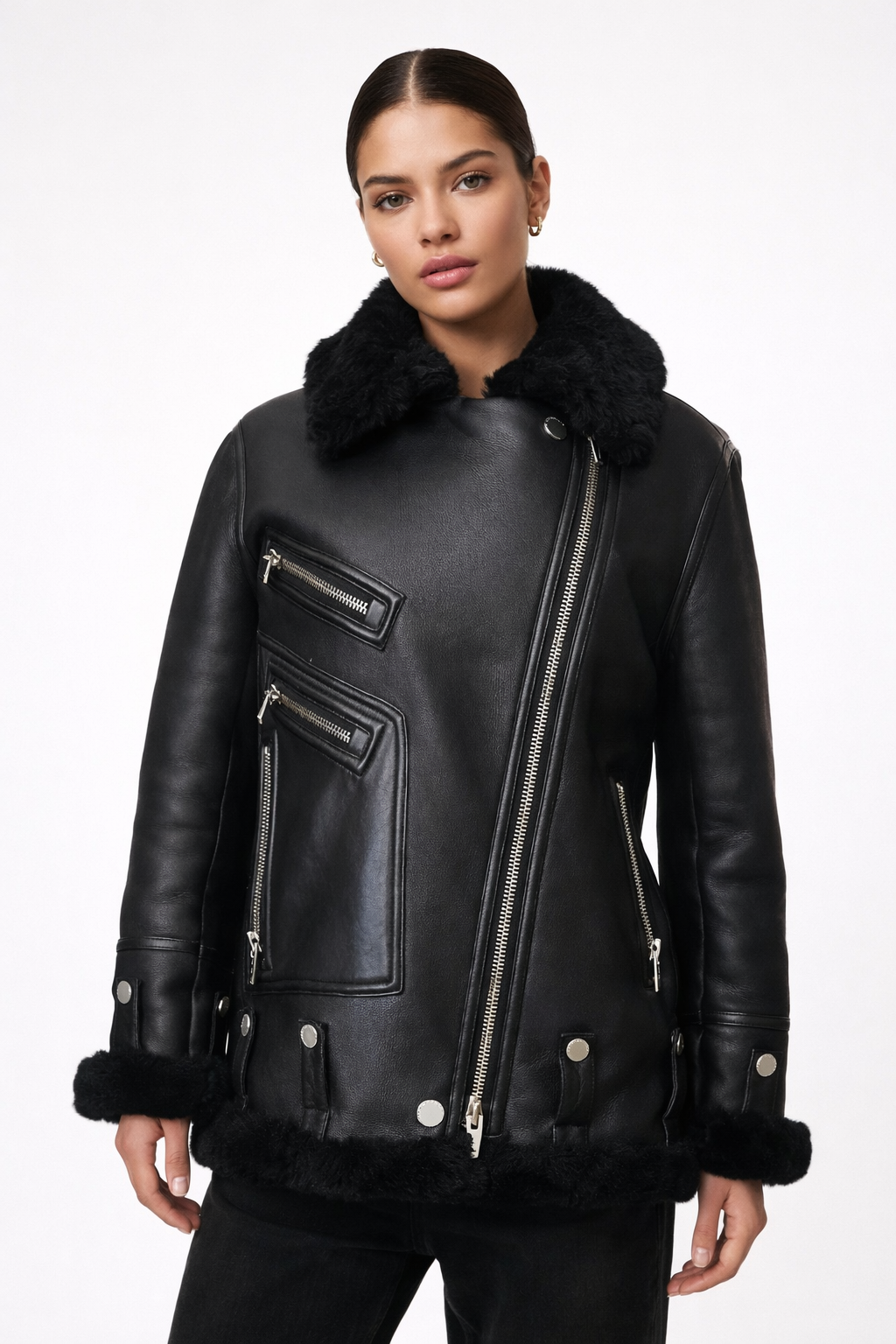 The Arrivals Black Shearling Leather Jacket Size XS