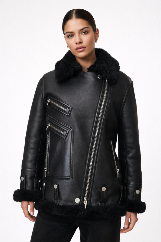 The Arrivals Black Shearling Leather Jacket Size XS