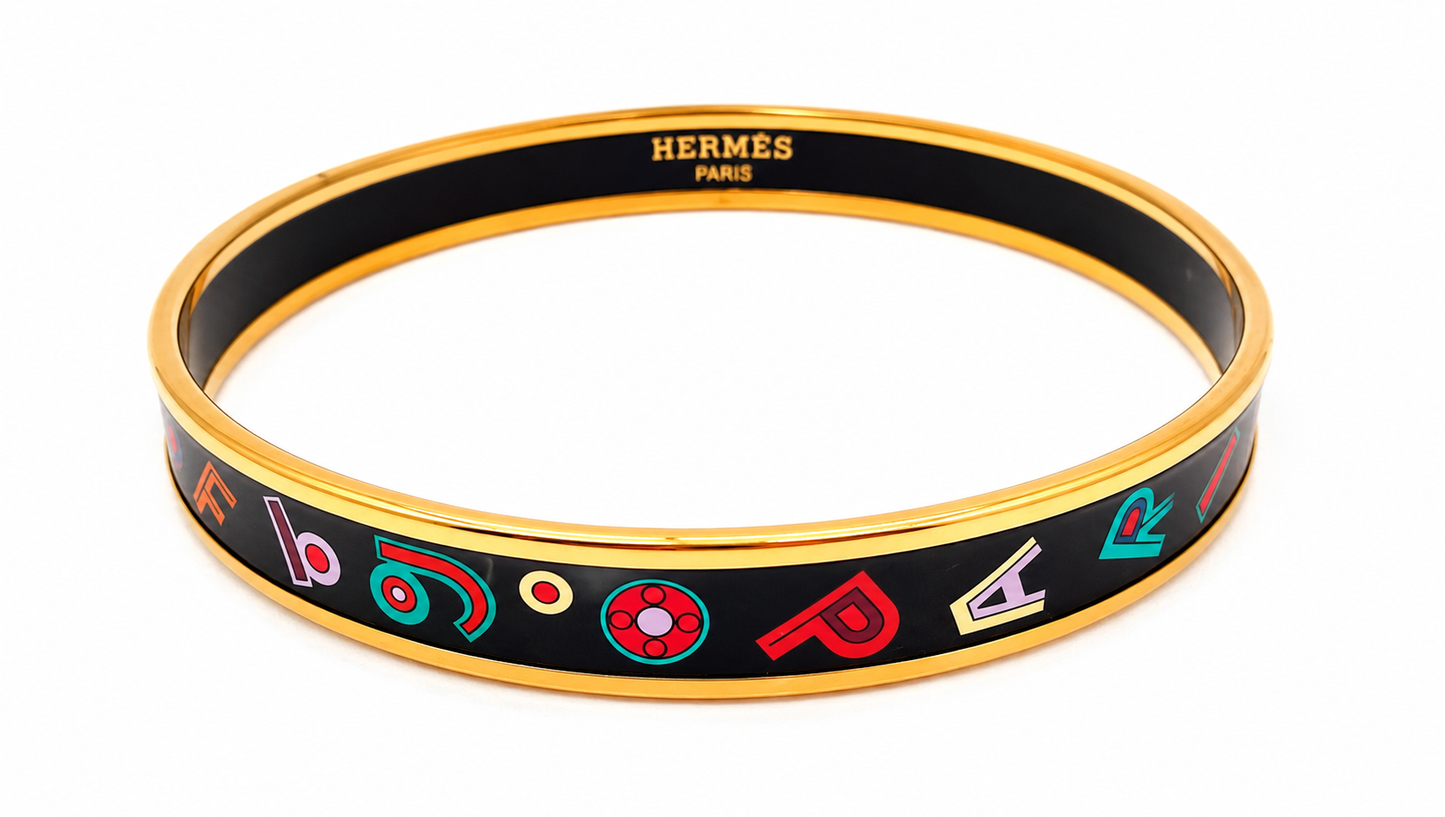 HERMES Black Multicolor Printed Enamel Tohu Bohu Narrow Bangle Bracelet