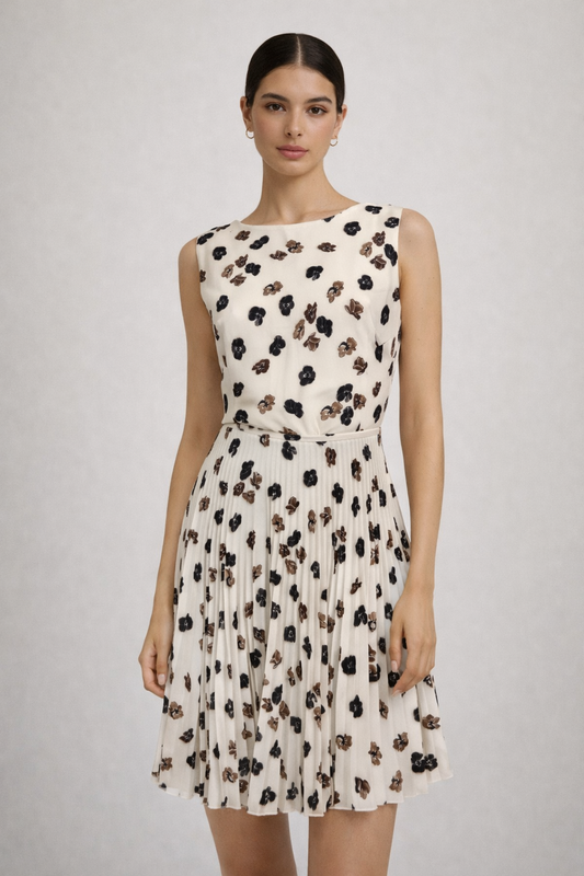 Prada White Floral Pleated Dress Size 46 US 10