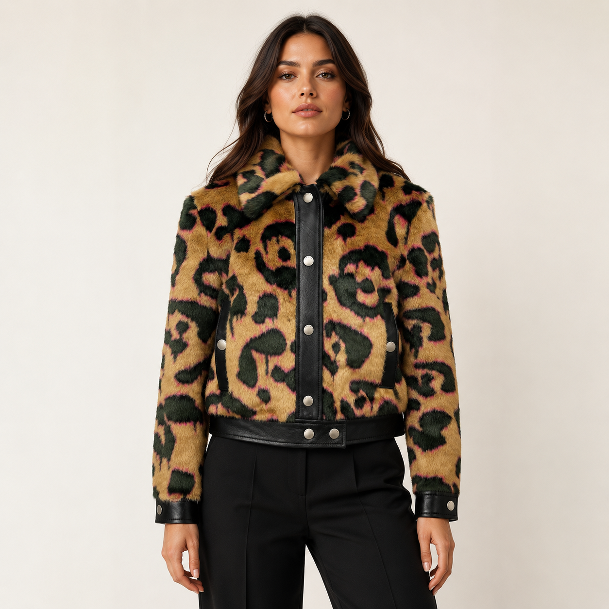 Coach Faux Fur Leopard Print & Leather Crop Jacket Size 4