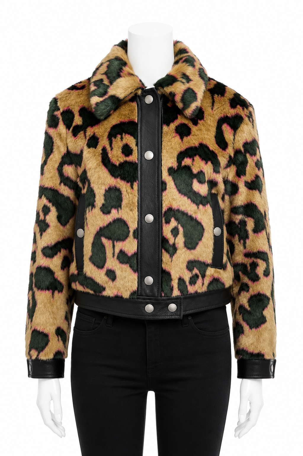 Coach Faux Fur Leopard Print & Leather Crop Jacket Size 4