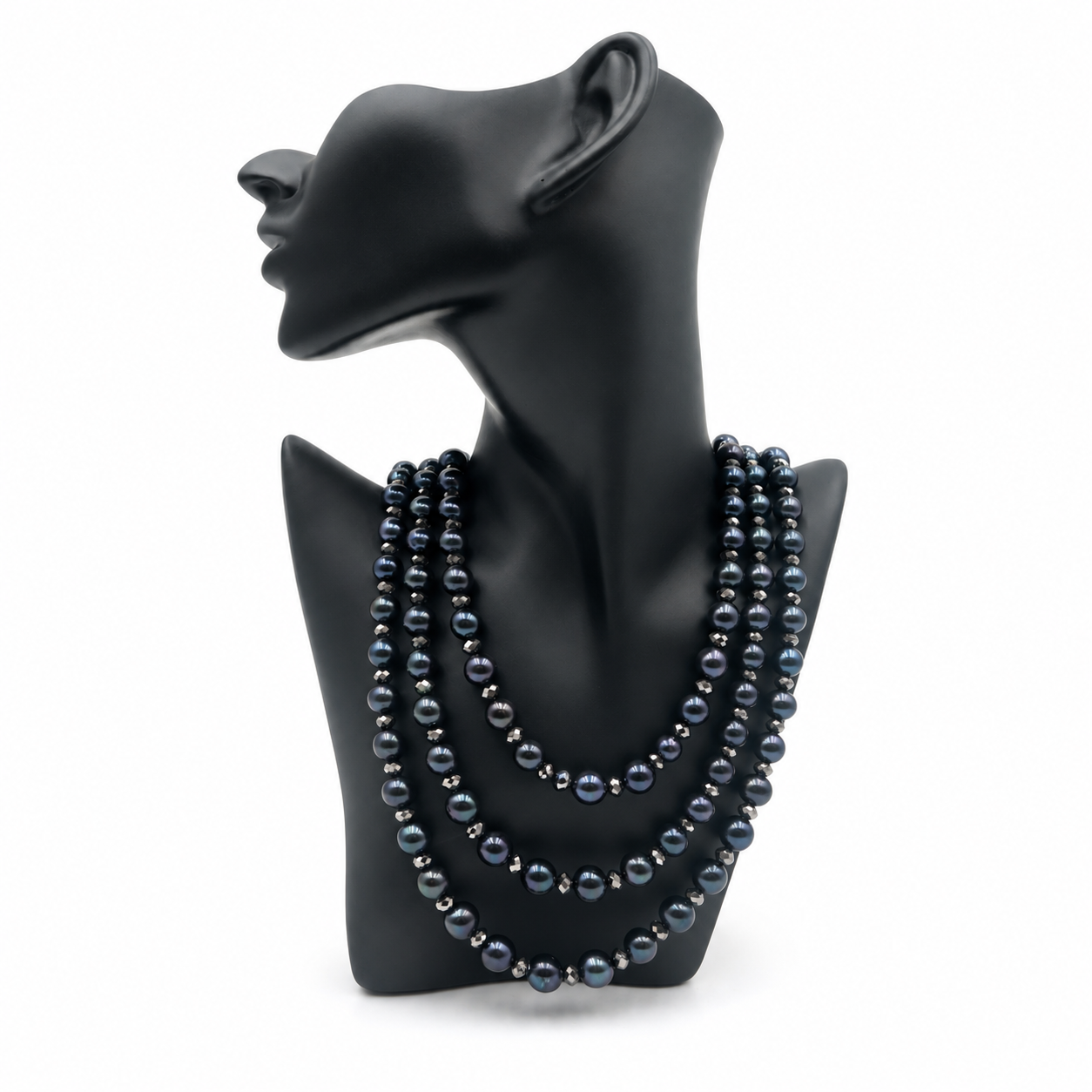 Black Pearl & Swarovski Crystal Triple Strand Necklace