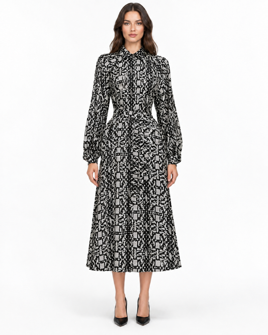 Max Mara Black & White Abstract Print Silk Midi Shirt Dress Size 4
