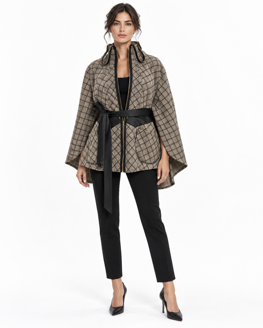 Sohung Design NewYork Grey Plaid Checkered Wool Cape O/S