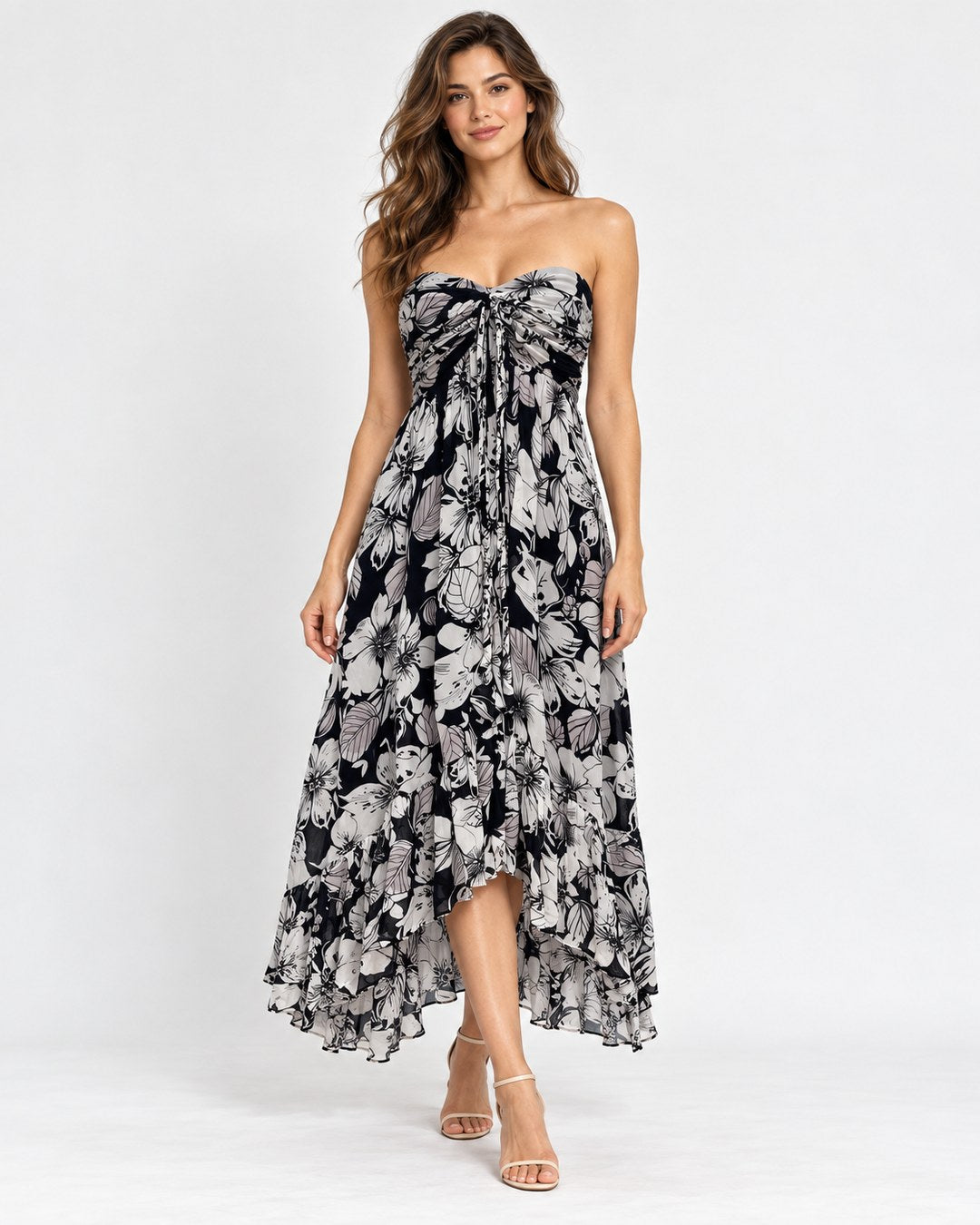 Ungaro White & Black Strapless Floral Print Dress Size M