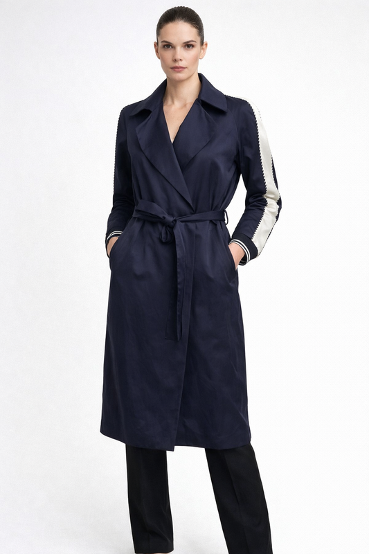 Sandro Navy Belted White Trim Trench Coat Size 36 US 4