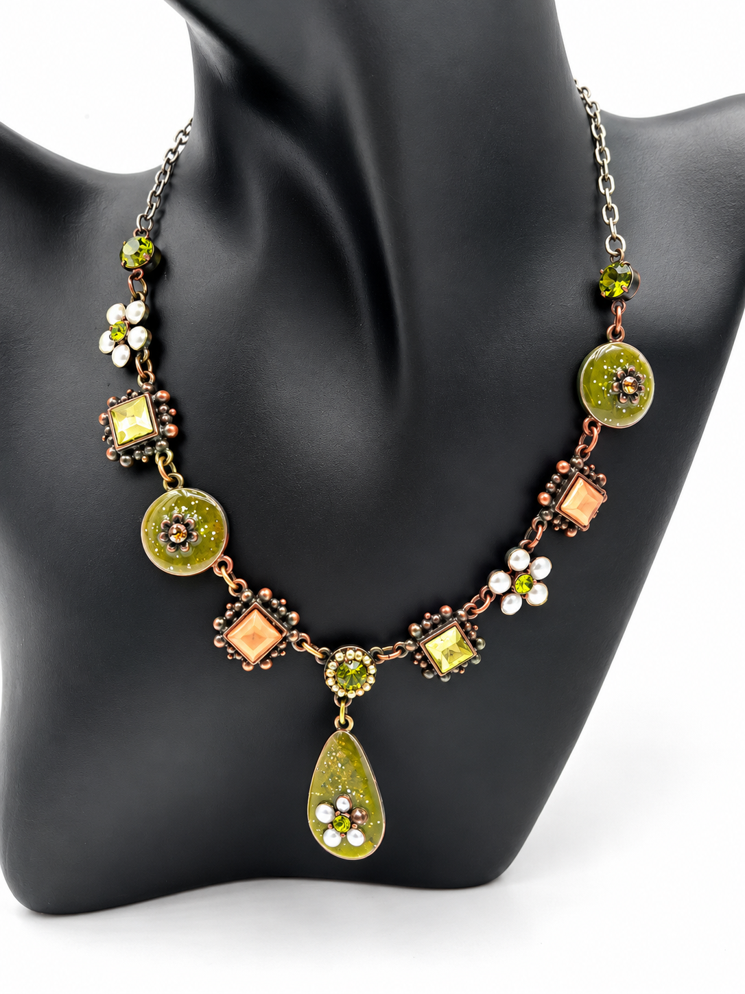 Vintage Olive Green Floral Necklace, Bracelet & Earrings Set